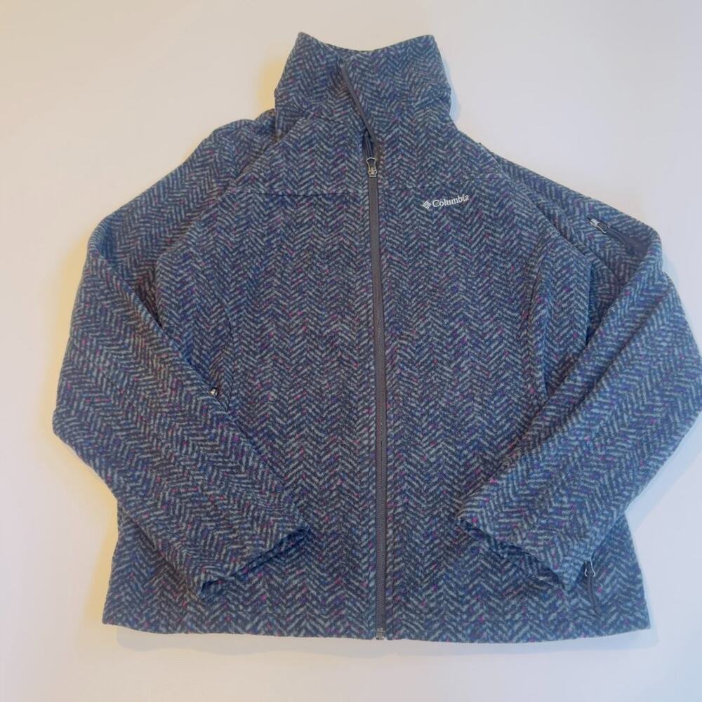 Columbia OmniHeat Womens L Purple Gray Pattern Fleece Sweatshirt Hiking Full Zip